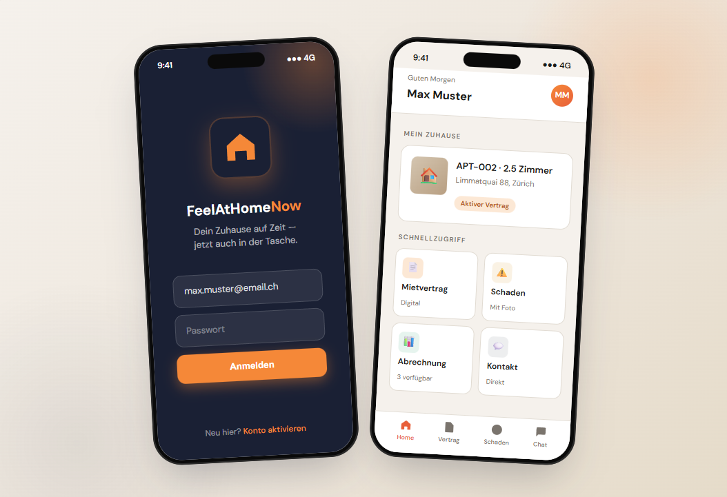 FeelAtHomeNow Mieter-App – Login-Screen und Dashboard