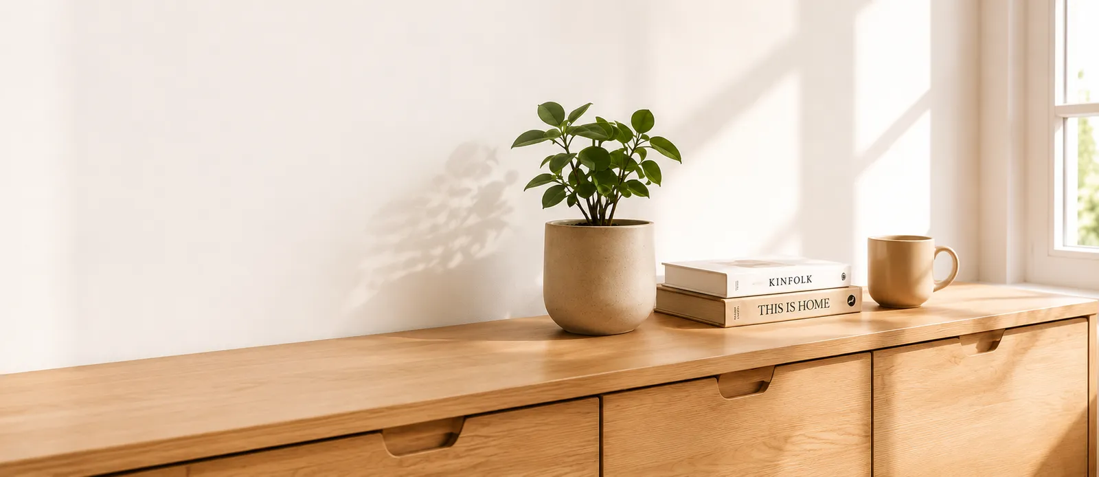 Helle Fensterbank mit Pflanze, Büchern und Kaffeetasse