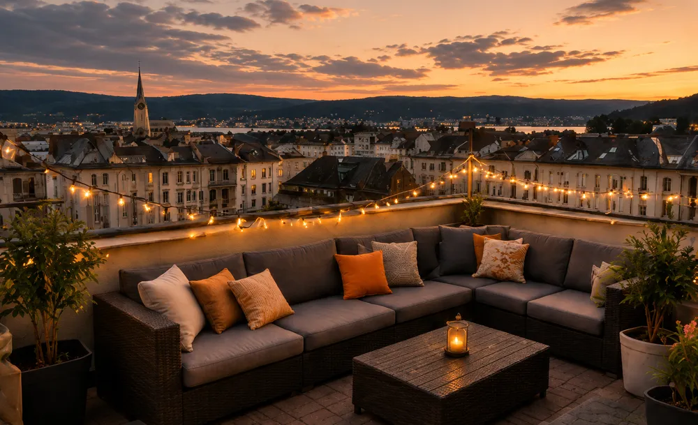 Dachterrasse mit Lounge bei Sonnenuntergang
