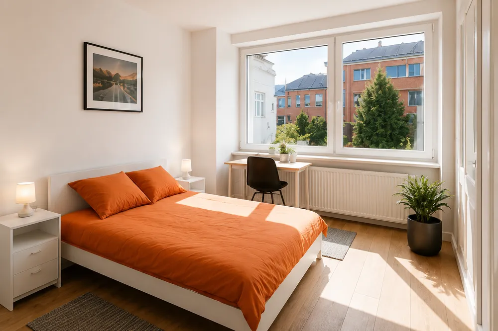Möbliertes Zimmer mit orangefarbenem Bett